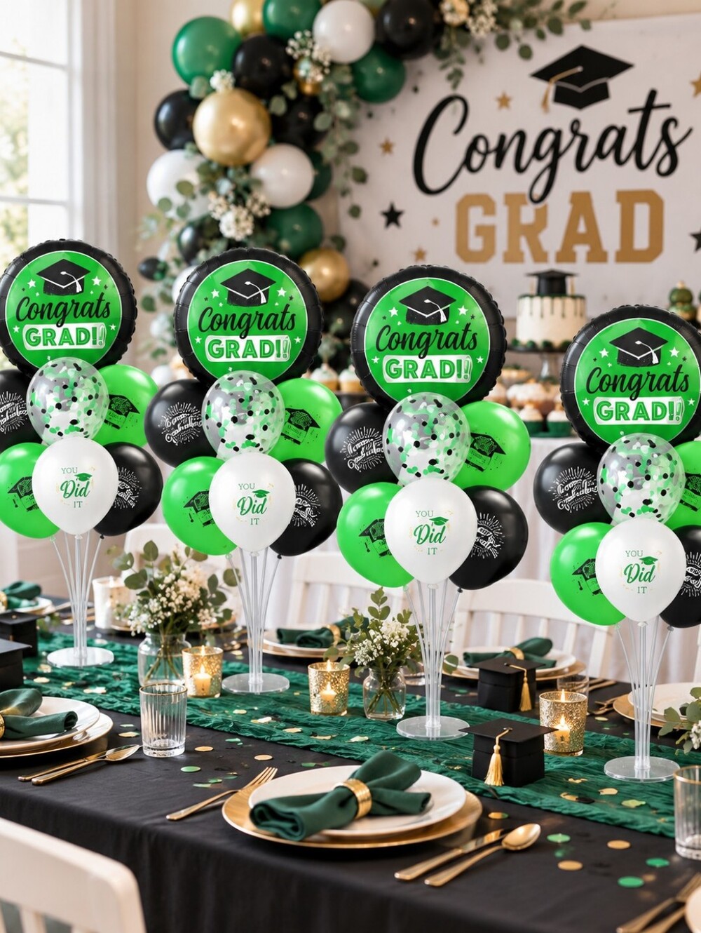 4 Set Green Black Graduation Balloon Centerpiece Stand Kit
